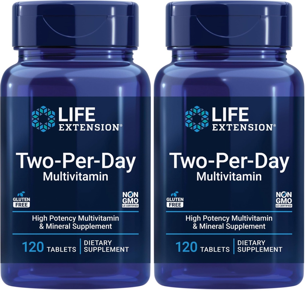 Life Extension Two-Per- Day High Potency Multi- Vitamin & Mineral Supplement - Vitamin, Mineraler, Plant Ekstrakter, Quercetin, 5-MTHF Folate & Mere - Gluten- Free - Non- GMO - 120 tabletter (pakke med 2)
