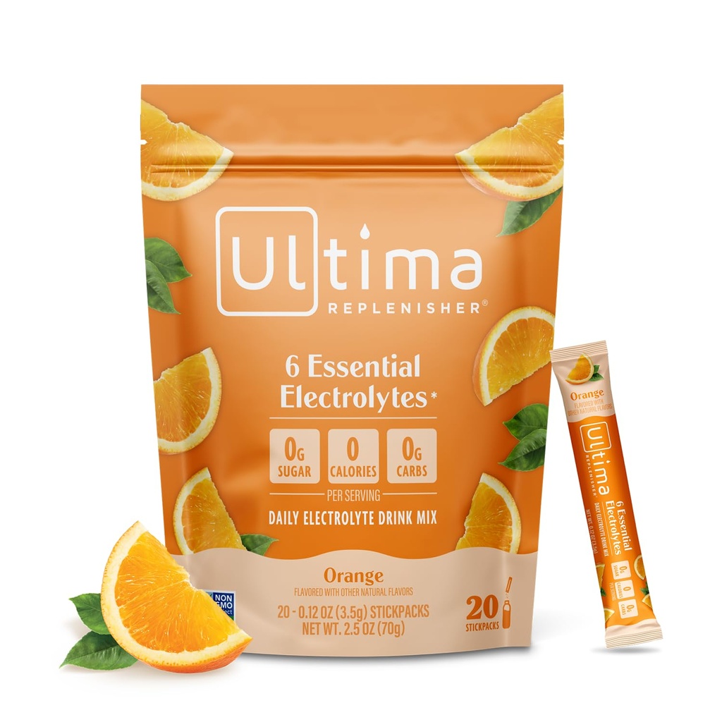 Ultima Replenisher Daily Electrolyte Powder Drink Mix - Sugar Free - Orange, 20 Stickpacks - Hydrationspakker med 6 Key Electrolytes og Trace Minerals - Keto Friendly, Vegan, Non- GMO