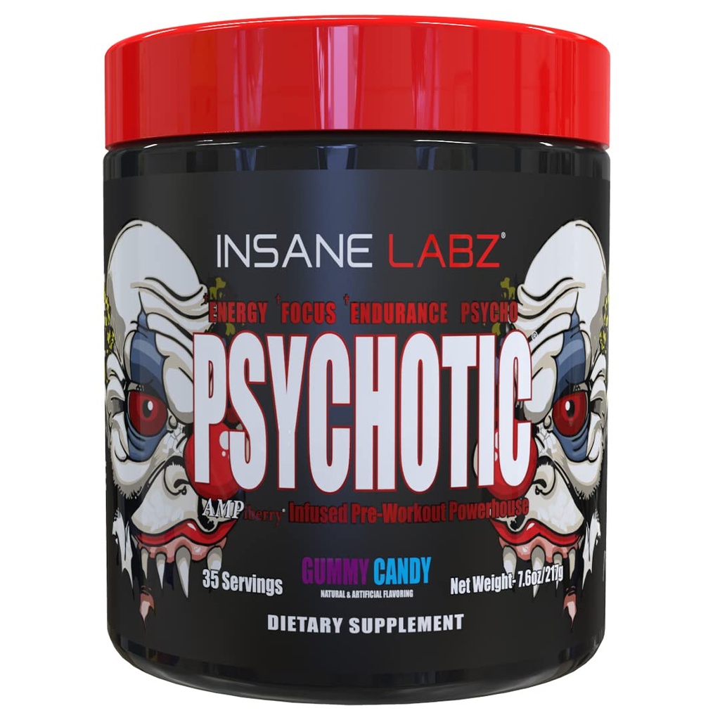 Insane Labz Psykotisk, høj Stimulant Pre Workout pulver, ekstrem vedvarende energi, fokus og udholdenhed med Beta Alanine, Creatinine monohydrat DMAE, 35 Srvgs (Gummy Candy)