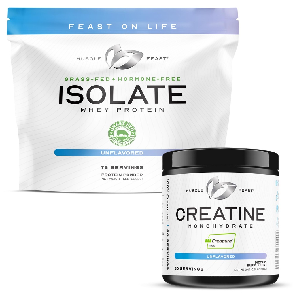 Muskel Feast Creapure Creatinine monohydrat - Unflavored 300g (x1) og Isolate Whey Protein Powder - Unflavored 5lb (x1) - Muskel Inddrivelse og ydeevne bundle