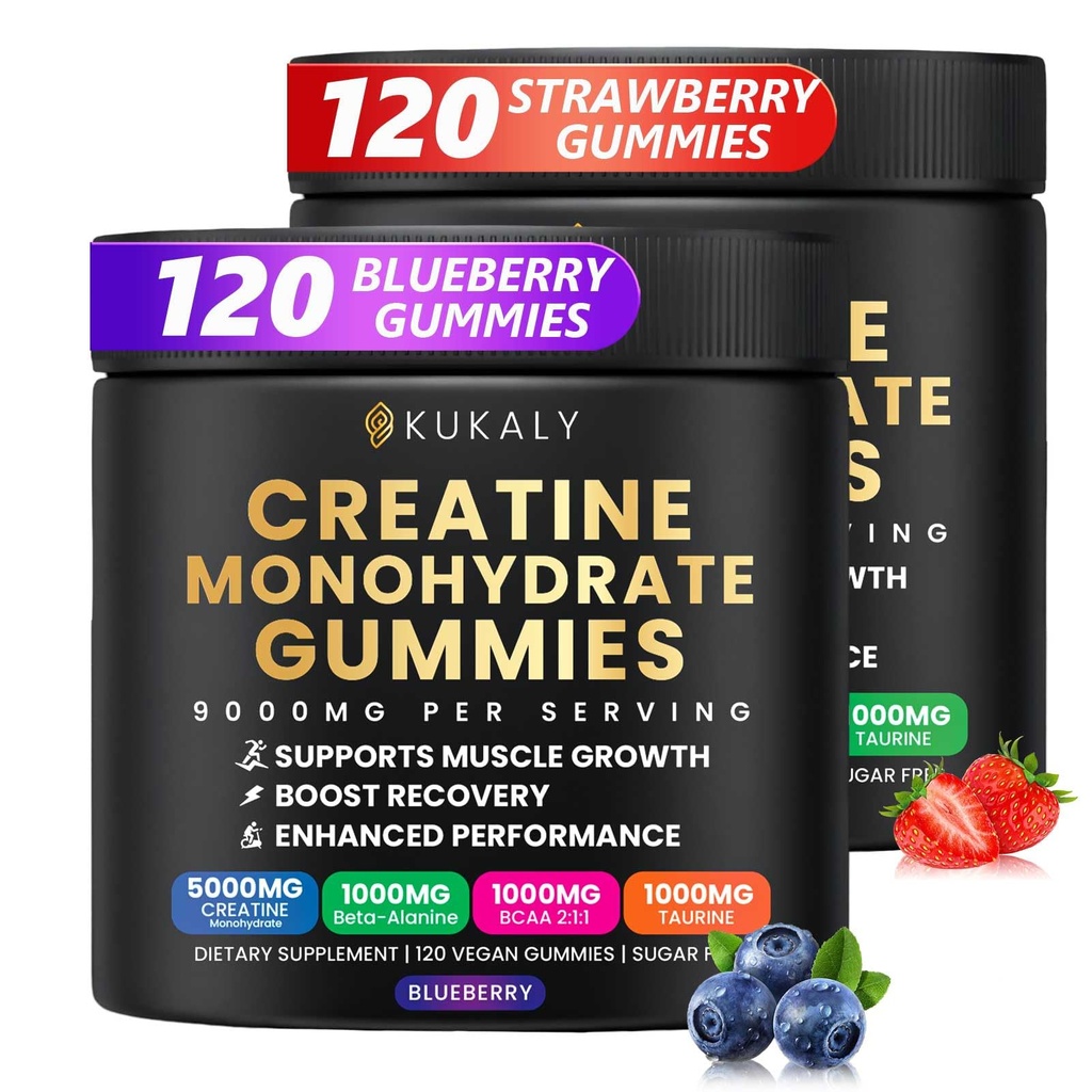 Creatine Monohydrate Gummies for Men & Women, 9000MG Creatine Gummies Sugar Free -BCAA 2:1, B12 B6 for Boost Strength, Focus & Endurance, Vegan, Non-GMO