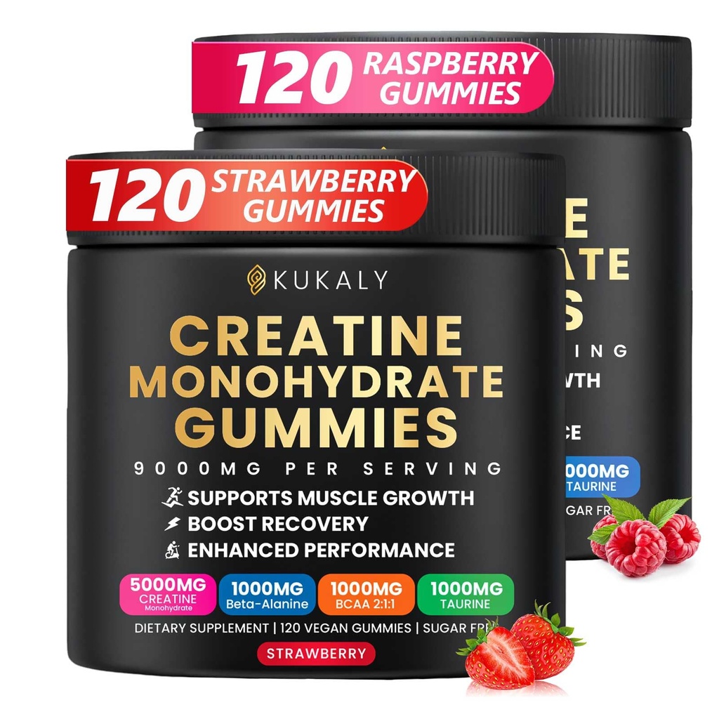 Creatine Monohydrate Gummies for Men & Women, 9000MG Creatine Gummies Sugar Free -BCAA 2:1, B12 B6 for Boost Strength, Focus & Endurance, Vegan, Non-GMO