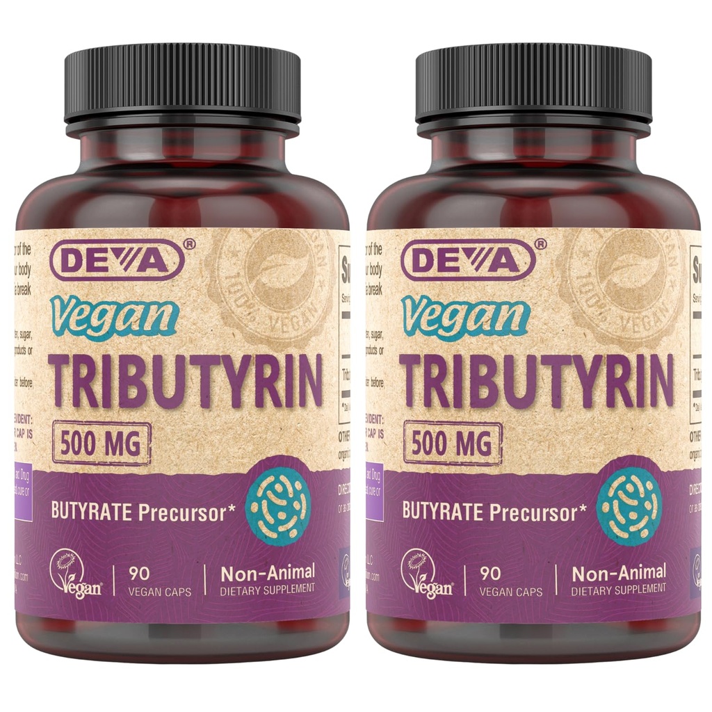 DEVA Vegan Tributyrin Supplement - Butyrate Precursor, Gut Barrier Support, Butyric Acid, 500 MG Vegan Capsules, Leaky Gut Support, Digestion, 90 Count (Pack of 2)