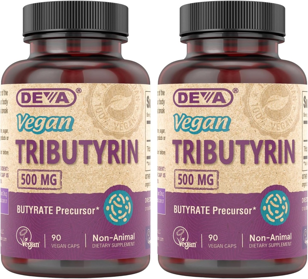 DEVA Vegan Tributyrin Supplement - Butyrate Precursor, Gut Barrier Support, Butyric Acid, 500 MG Vegan Capsules, Leaky Gut Support, fordøjelse, 90 Greve (pakke med 2)