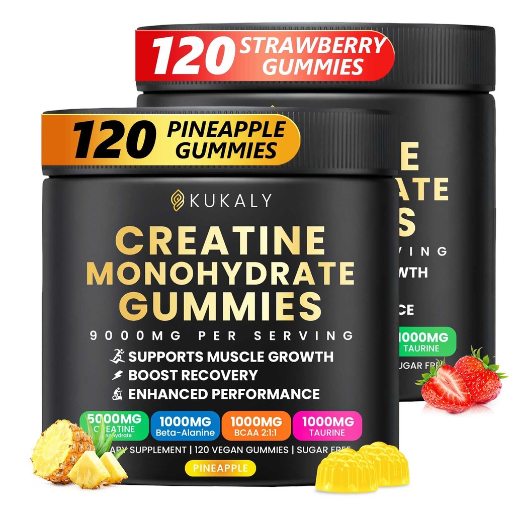 Creatine monohydrat Gummier for mænd og kvinder, 9000MG Creatine Gummies Sugar Free -BCAA 2: 1, B12 B6 for Boost Styrke, Focus & Endurance, Vegan, Non- GMO