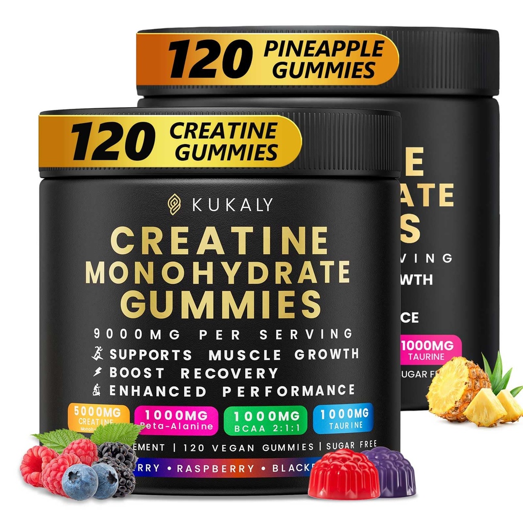 Creatine Monohydrate Gummies for Men & Women, 9000MG Creatine Gummies Sugar Free -BCAA 2:1, B12 B6 for Boost Strength, Focus & Endurance, Vegan, Non-GMO