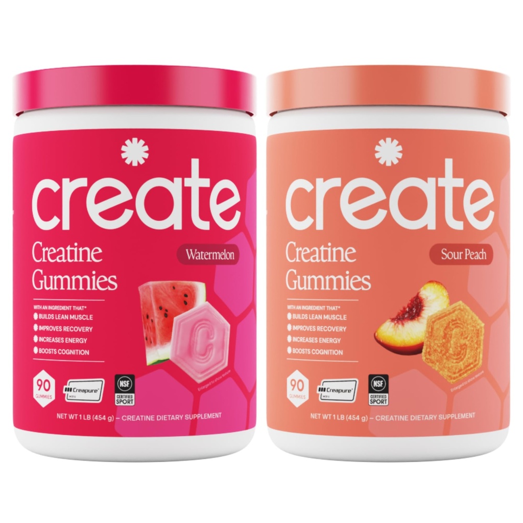 Create Creatine Monohydrate Gummies - Beach Day Duo - Sour Peach & Watermelon - Creatine Gummies for Women & Men, NSF Certified, 3rd Party Tested, Anti-Melting Formula, 180 Count (2-Pack)