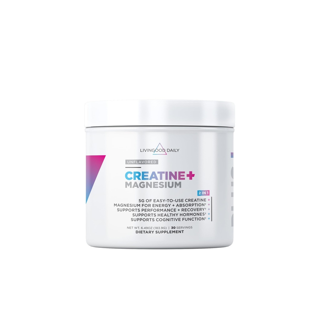 Livingood Daily Creatine + Magnesium Powder, Unflavored | 5g Micronized Creatine Monohydrate with Magnesium for Energy, Muscle Recovery & Performance | 30 Servings