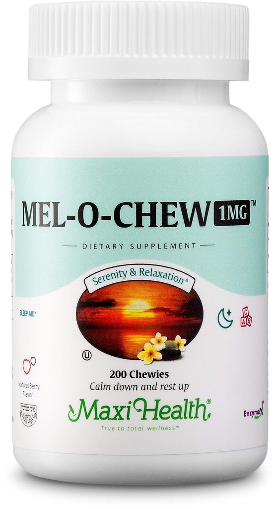 Maxi Health 1mg Melatonin Chewables - Voksne & Børn Melatonin til at fremme naturlig søvn - Ikke-Habit Forming Kosher Sleep Supplement med Enzymax for Fast- Active Support (200 Enheder)