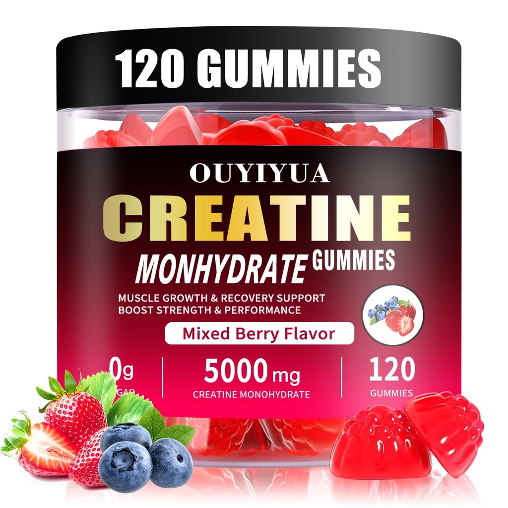 Creatin monohydrat Gummies 5000mg til mænd og kvinder - Sukker gratis Pre- workout supplement, tyggebånd til muskel styrke, muskel builder, energi boost, blandet berry flavor, 120 Greve
