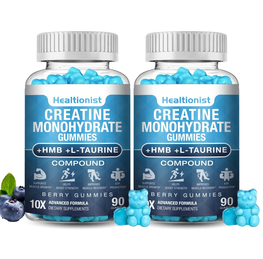 2 Pack 8000MG Creatine HMB Monohydrate Gummies for Men & Women, L-Taurine & Vitamin B6 12, 180 Blueberry Flavor Counts Supplement Gummies (60-Day Supply)