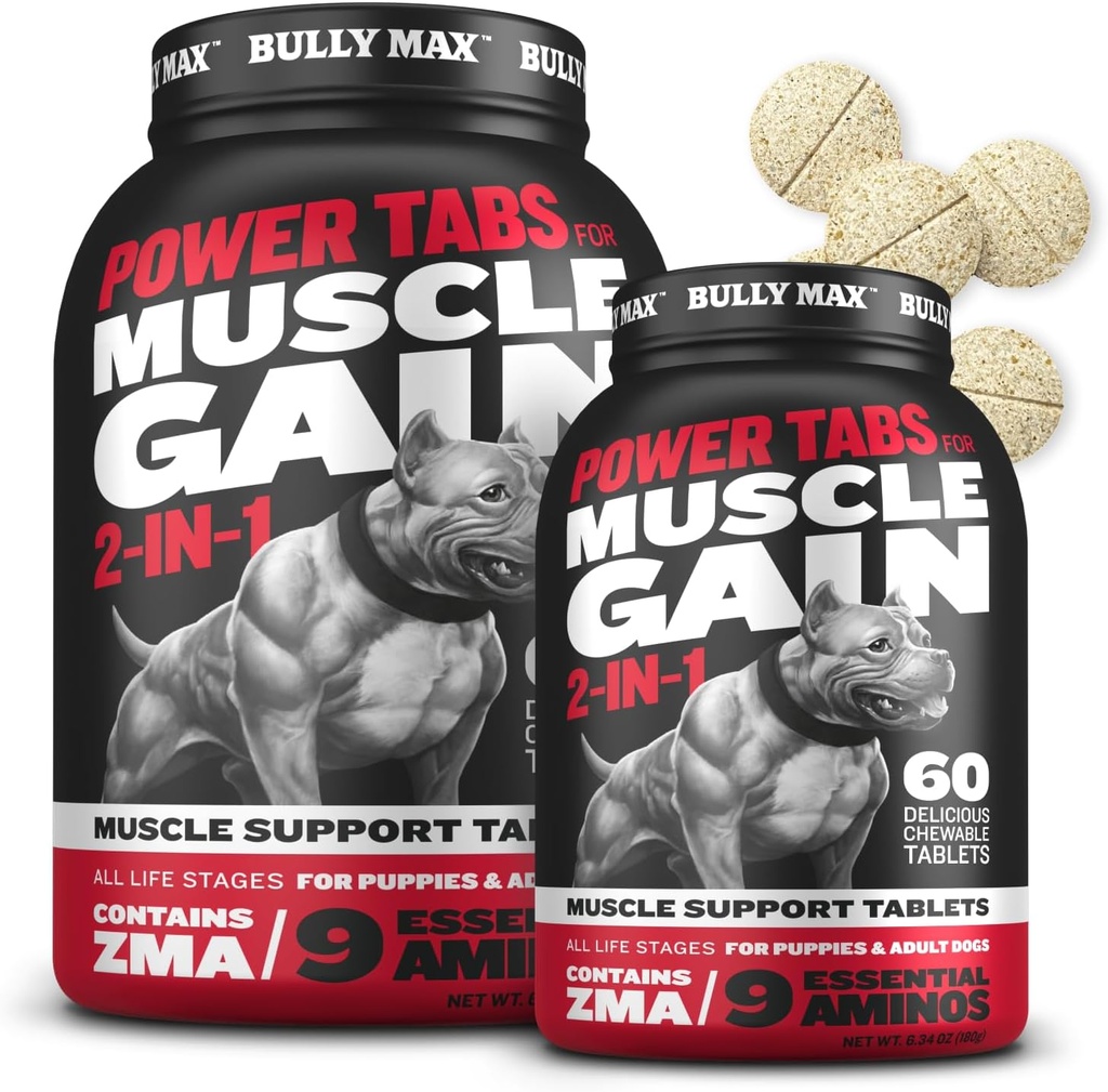 Bully Max 2-in-1 Muscle Builder Chewable Tablets for Puppies & Adult Dogs - Dog Vitamins & Supplements for Muscle Gain & Growth - Canine Puppy Multivitamins for All Breeds & Ages - 60 Tabs (2 Bottles)