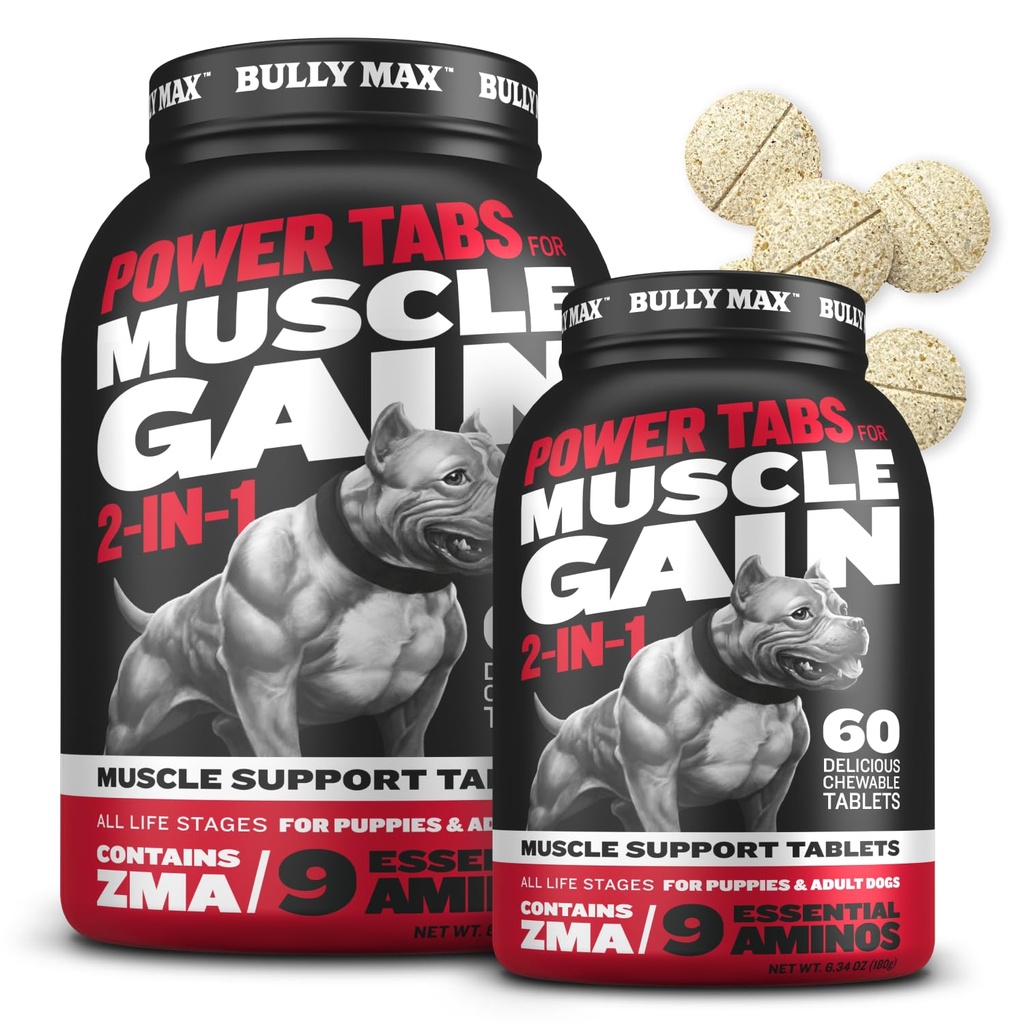 Bully Max 21- Muskelbuilder Chewable Tablets for Hvalpe & Voksne Hunde - Hund Vitaminer & Kosttilskud til MuskelGain & Vækst - Canine Puppy Multivitaminer til alle racer og aldre - 60 Tabs (2 flasker)