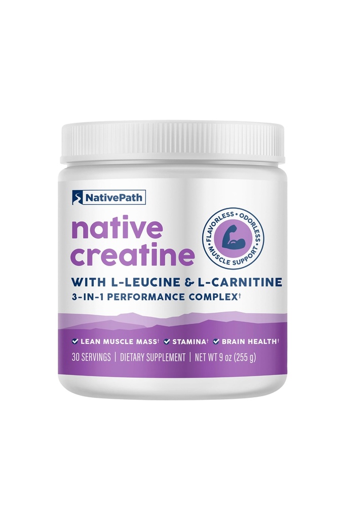 NativePath Creatine Monohydrate Powder with L-Leucine & L-Carnitine - Supports Muscle Health for Men & Women - 30 Servings