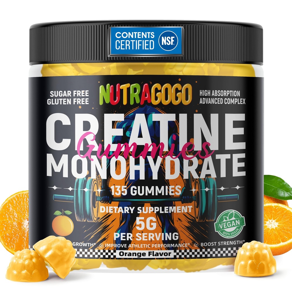 NSF Certified Creatine Gummy - Creatine Monohydrate Gummies for Men & Women-5g of Creatine Monohydrate per Serving - Sugar Free,Vegan, Organe Electrolyte Chews, 135 Count
