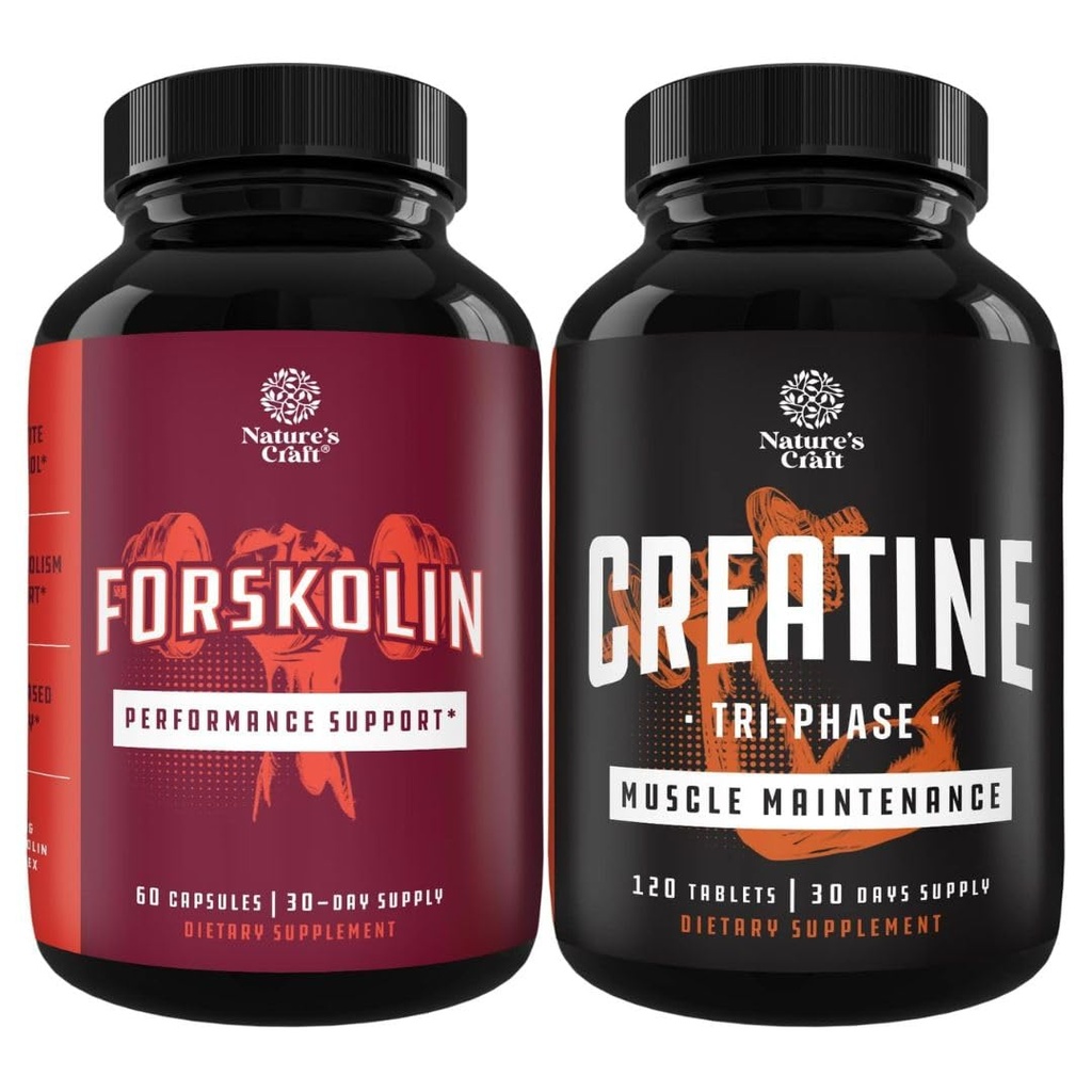 Bundle of Forskolin Weight Loss Supplement - Builds Muscle & Boosts Energy and Creatine Tablets Formula Blend of Creatine Monohydrate, HCL & Pyruvate - Muscle Mass Gain & Recovery for Men and Women