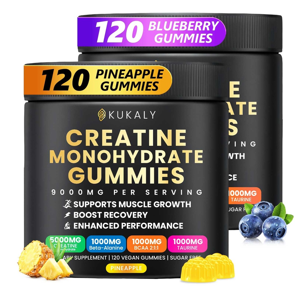 Creatine Monohydrate Gummies for Men & Women, 9000MG Creatine Gummies Sugar Free -BCAA 2:1, B12 B6 for Boost Strength, Focus & Endurance, Vegan, Non-GMO