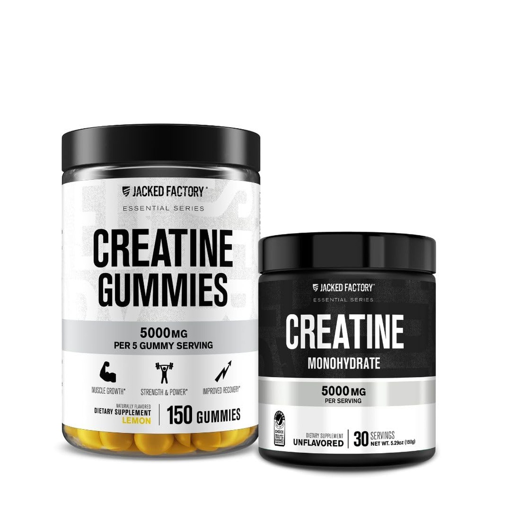 Jacked Factory Creatine Monohydrate Gummies (150 Gummies, Lemon) & Creatine Monohydrate Powder (30 Servings, Unflavored)