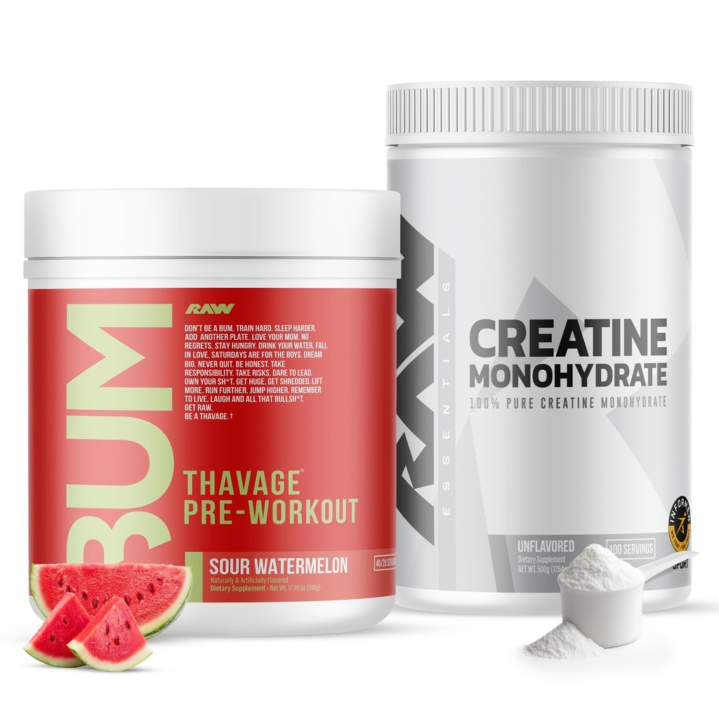 RAW Nutrition Creatine Monohydrate & Sour Watermelon Pre-Workout Powder Bundle