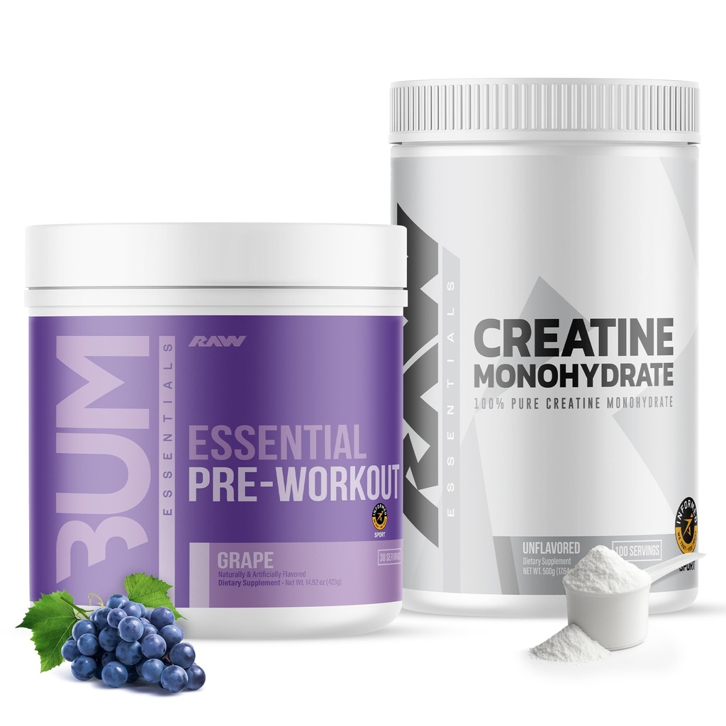 RAW Nutrition Creatine Monohydrate & Grape Pre-Workout Powder Bundle