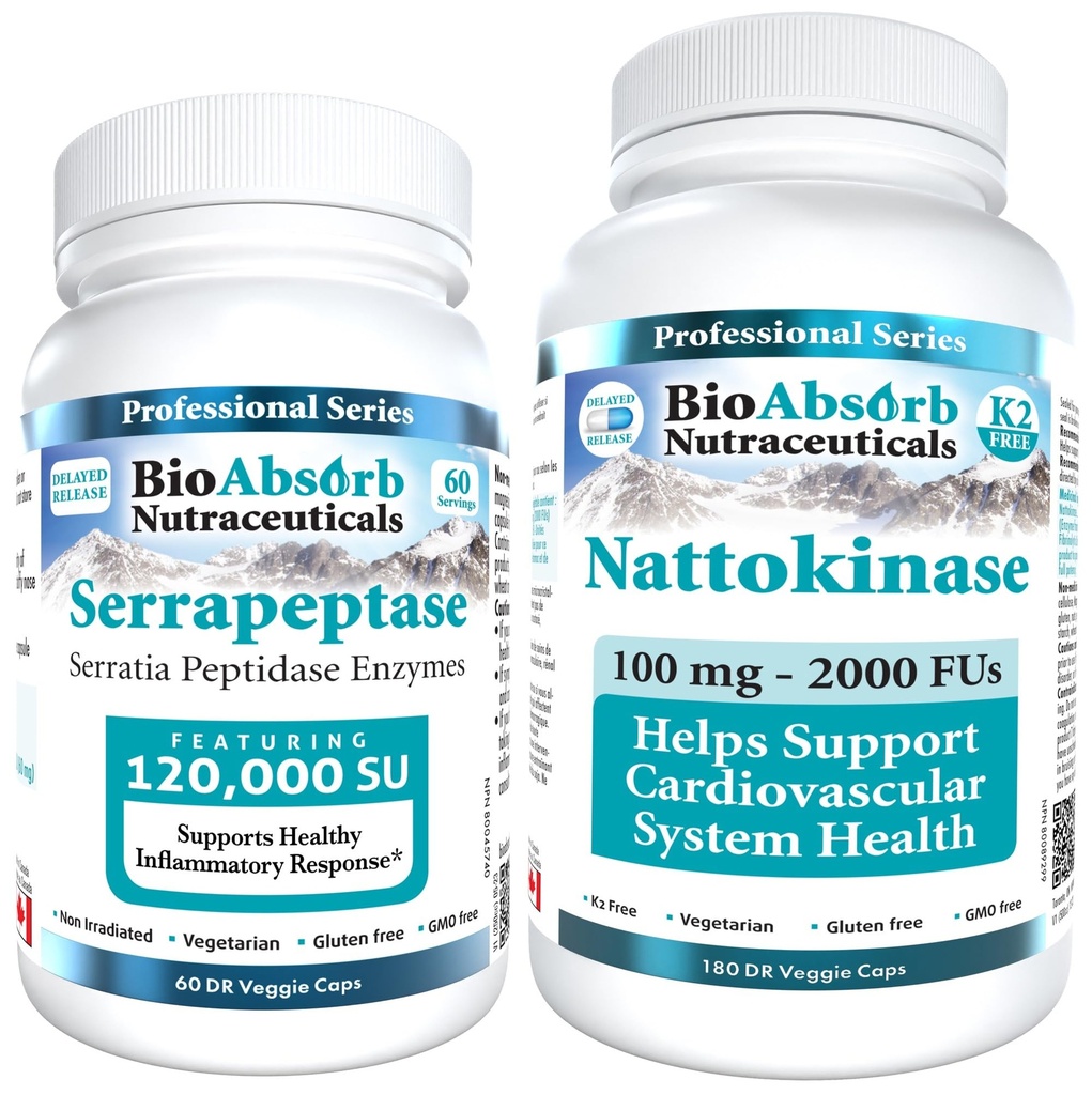 Bio Absorb Nattokinase Supplement 180 Caps - Serrapeptase Enzyme 60 Caps Bundle