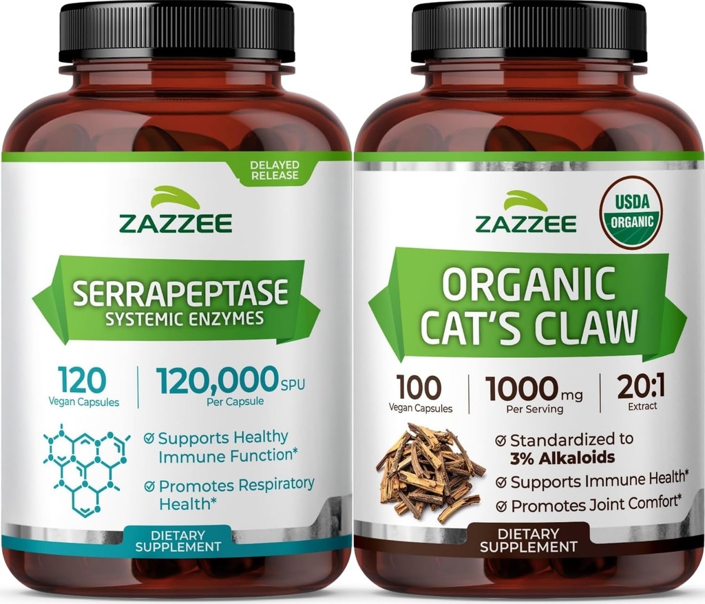 Zazzee Organic Seasonal Wellness Bundle | Organic Cat’s Claw 20:1 Extract Plus Serrapeptase Enzyme Capsules | Non-GMO Vegan & ISO Lab Tested
