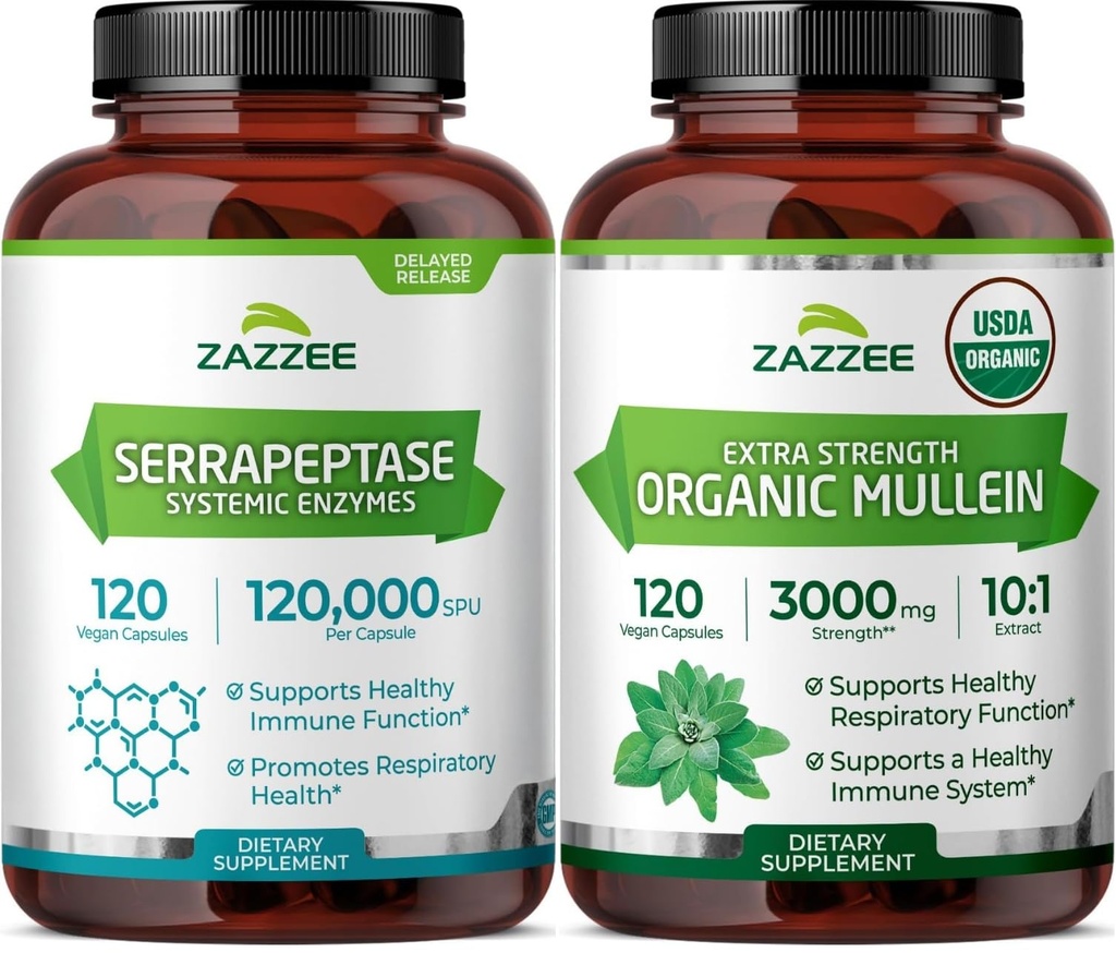 Zazzee USDA Organic Mullein Leaf Extract & 120,000 SPU Serrapeptase Proteolytic Enzyme Capsules | Respiratory Lung Health Support Bundle (120 Servings Each)