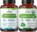 Zazzee USDA Organic Mullein Leaf Extract & 120,000 SPU Serrapeptase Proteolytic Enzyme Capsules | Respiratory Lung Health Support Bundle (120 Servings Each)