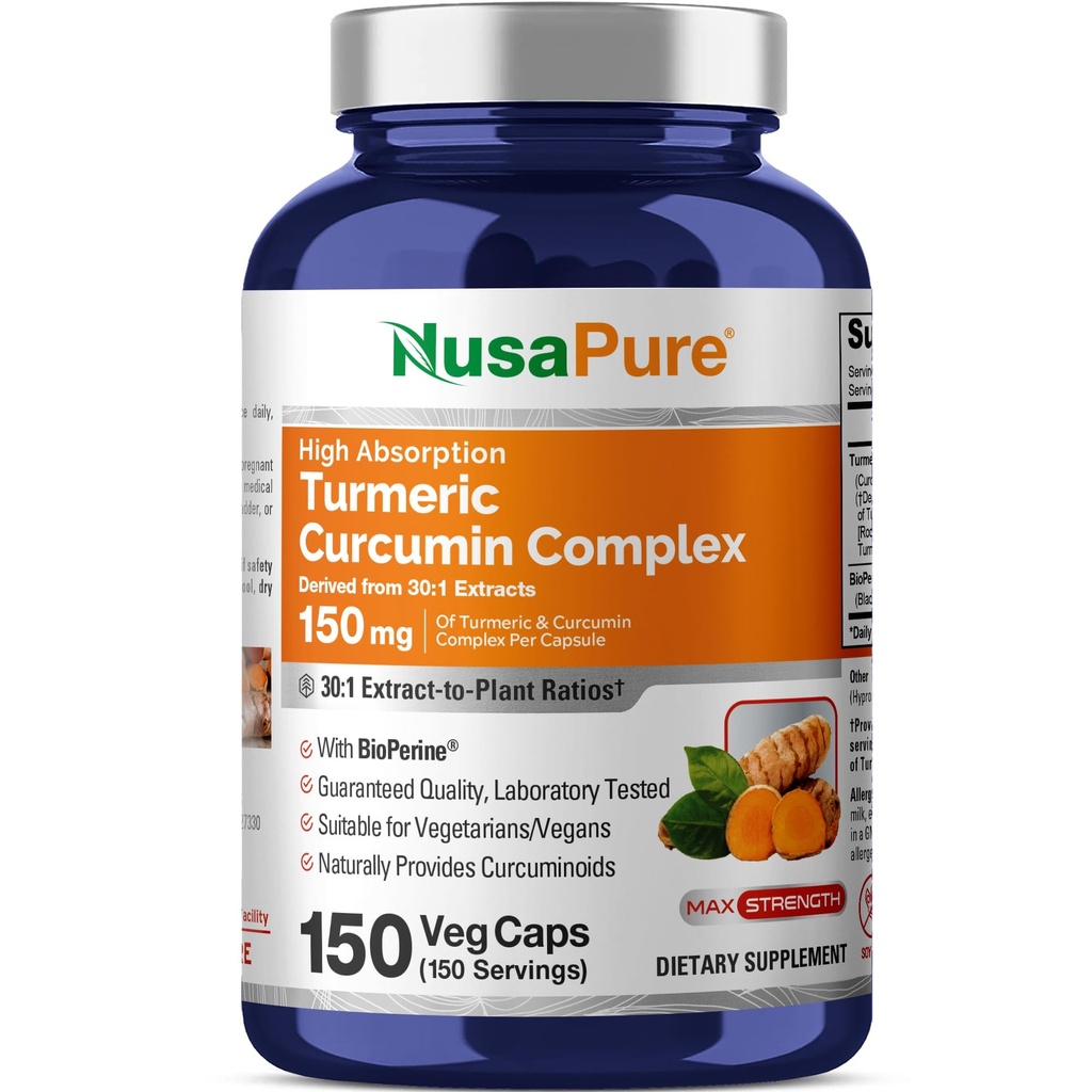 NusaPure Turmeric Curcumin Complex Capsules, 150 mg, 150 Veg Capsules (Gluten Free, Non-GMO)
