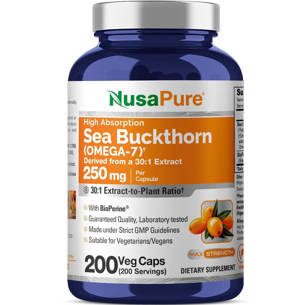 NusaPure Sea Buckthorn Omega-7, 250 mg, 200 Veg Capsules (Non-GMO, Vegan)