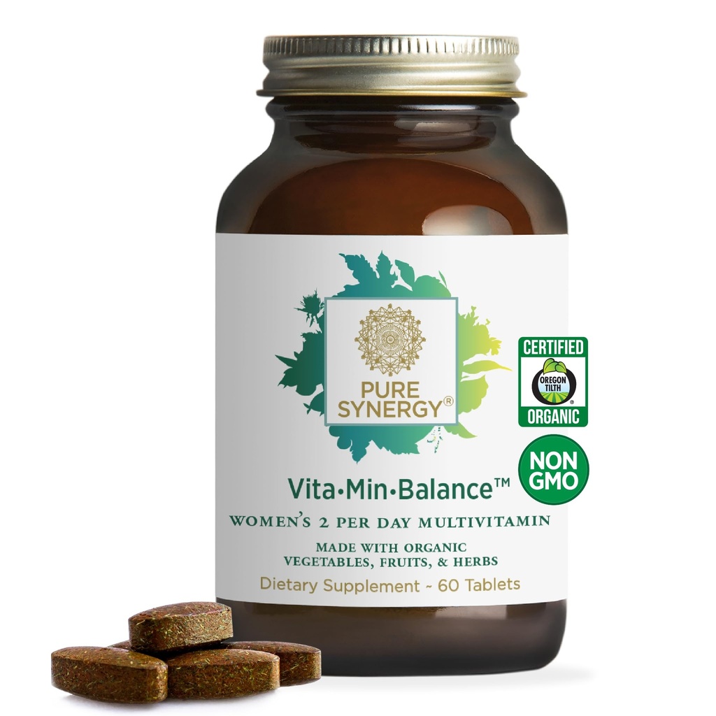 PURE SYNERGY Vita · Min · Balance • 124; Multivitamin til kvinder med jern • 124; Kvinder Daglige Multivitamin lavet med økologiske hele fødevarer • 124; for Balanceret energi og stress support (60 tabletter)
