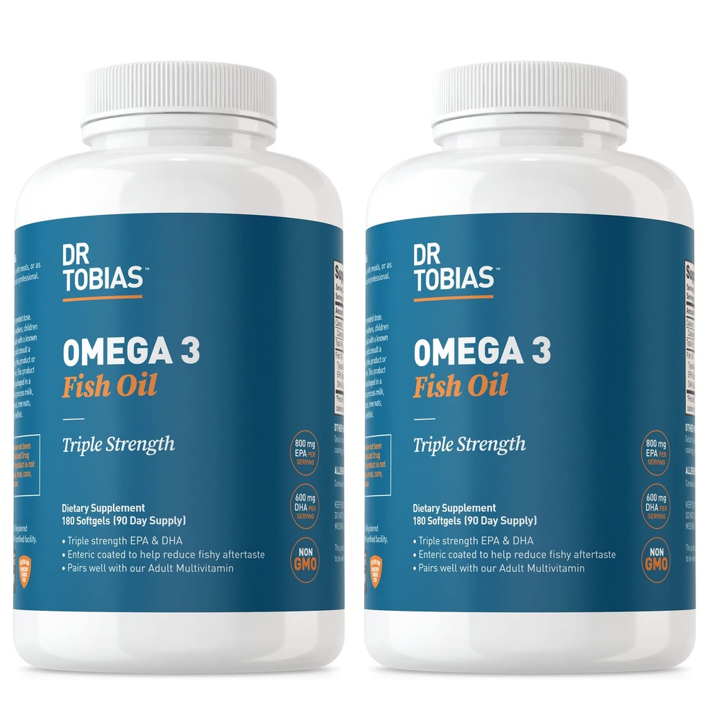 Dr. Tobias Omega 3 Fish Oil 2000mg Triple Strength with 800mg EPA 600mg DHA Per Serving | Fish Oil Omega 3 Supplements for Heart Brain & Immune Support - 360 Softgels (180 Servings)