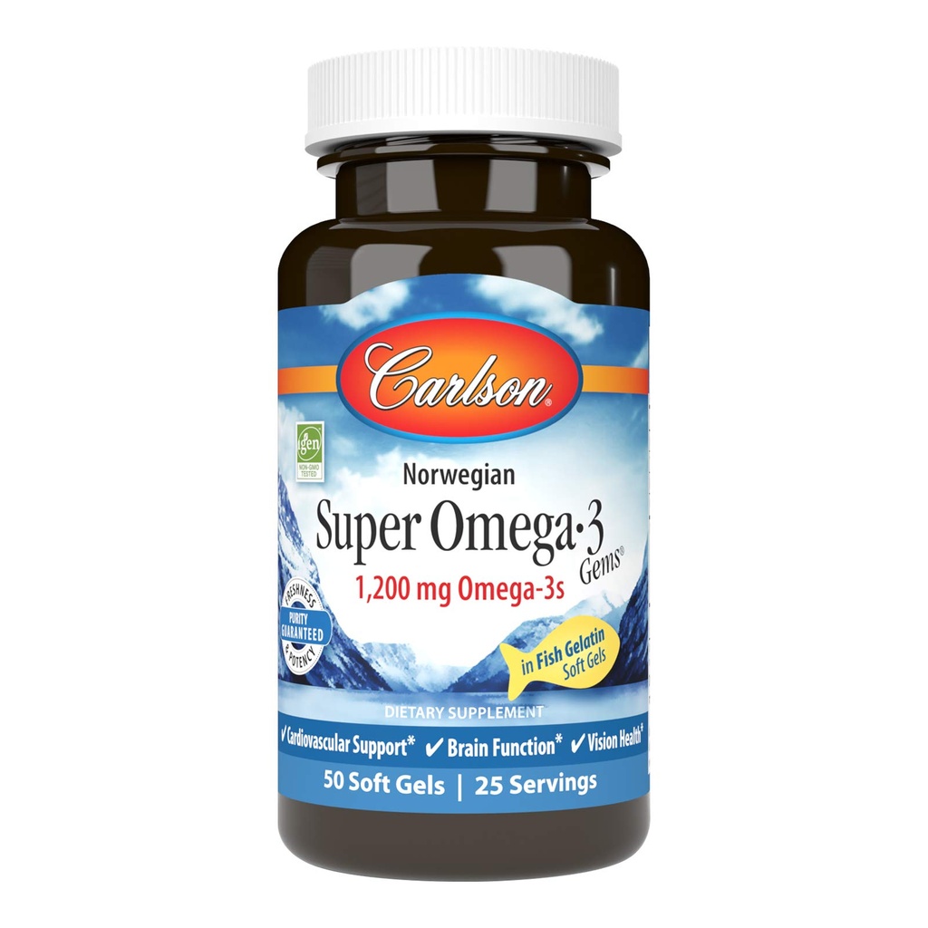 Carlson - Super Omega-3 Gems, 1200 mg Omega-3s, Norwegian, Cardiovascular Support, Brain Function & Vision Health, 50 soft gels