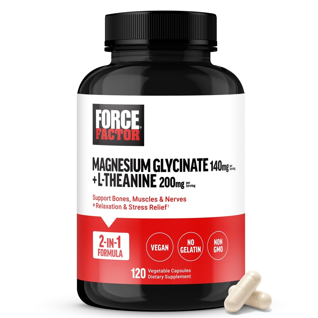 Kraftfaktor Magnesium + L- Theanin, Magnesium Bisglycinat Support to Support Bones, Muscles, Nerves, Afslapning, og Mood, Vegan, No Gelatine, Non- GMO, 120 Vegetabilske kapsler