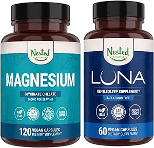 Nested Naturals Luna Melatonin- Free Sleep Aid & Magnesium Glycinate Chelate til forbedret søvn, afslapning, & Inddrivelse (180 kapsler)