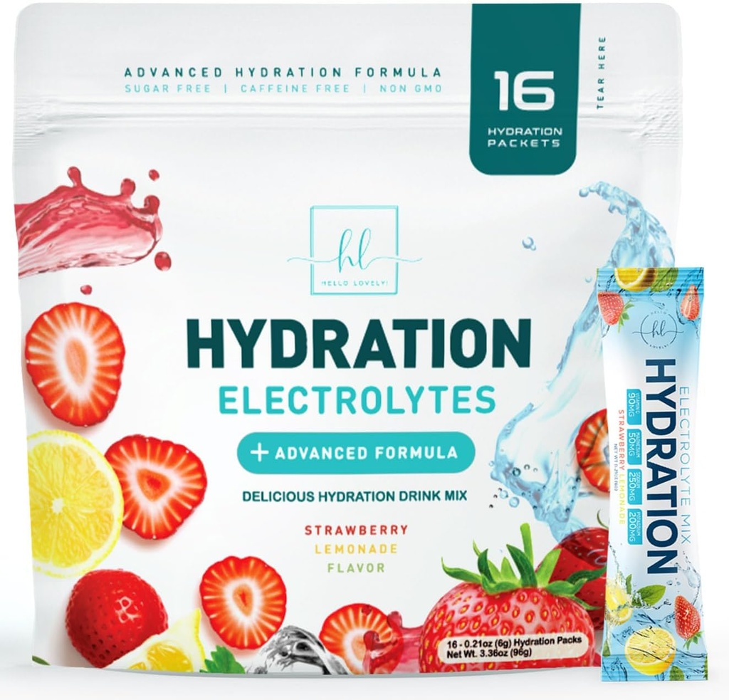 Elektrolyter Hydration Pakninger - Keto Inddrivelse Pulver med kalium, Magnesium, natrium, zink & vitamin C, sukkerfri, Hydration Electrolyte Liquid Drikke miks, Vegan, Strawberry Lemon (16 Pack)