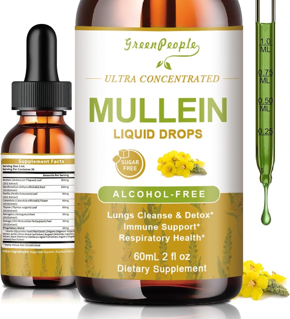 GREENPEOPLE Mullein Drops til Lungs & Lympletic Drainage - 13-in-1 Botanisk Blend w / Marshmallow Root, Elderberry, Oregano for Respiratory Support - Lung Detox til Rygere - Alkohol- Free, 2 fl