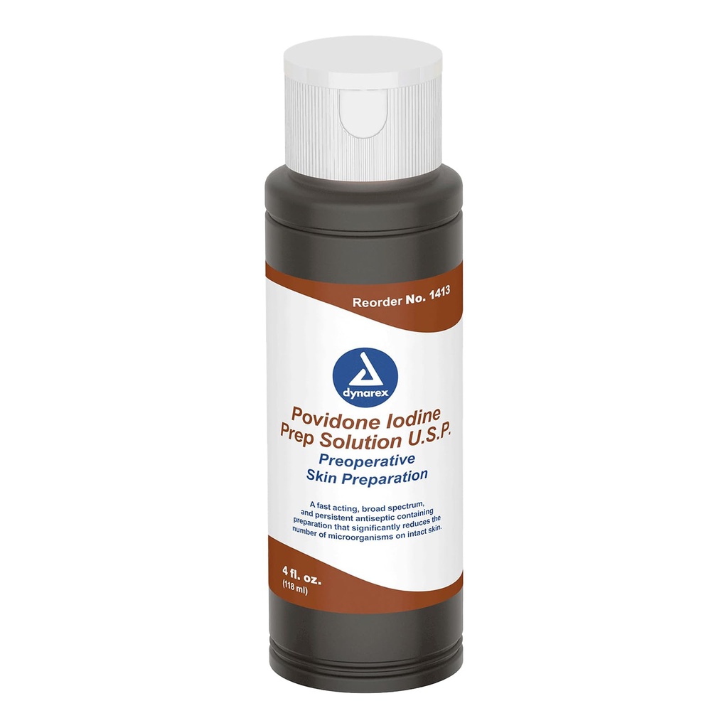 Dynarex Povidone-Iodine Prep Solution, Antiseptic Solution for Skin and Mucosa, Ideal for Surgical Site Preparation, Contains Povidone Iodine 10%, 4 fl. oz., 1 Bottle