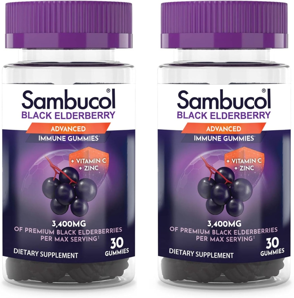 Sambucol Black Elderberry Gummies med C-vitamin & Zink - Sambucus Elderberry Gummies til immunforsvar, High Antioxidants, Gluten Free, Vegan, Elderberry med Zink & C-vitamin - 30 Greve, 2 Pack