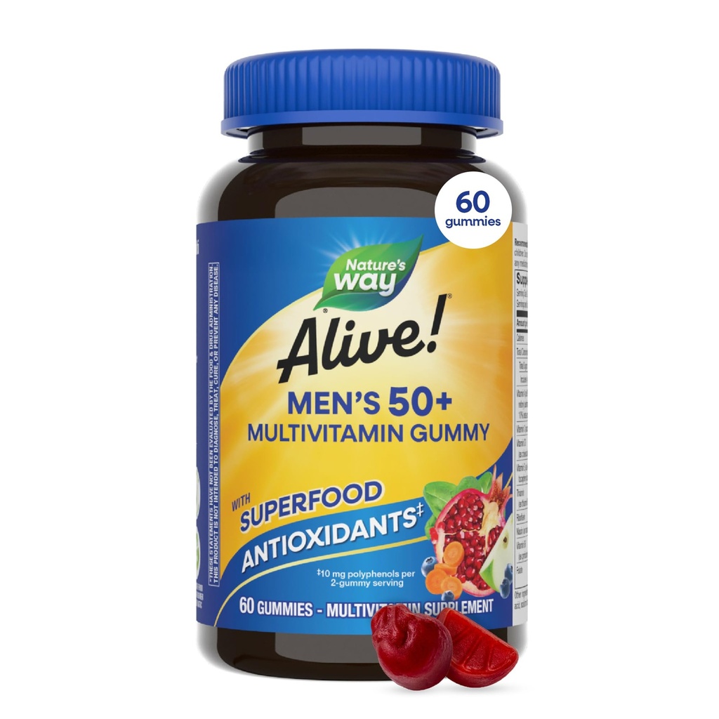 Naturen er i live! Mænds 50 + daglige vingummi multivitaminer, understøtter sund hjerne, øjne, hjerte *, B- vitaminer, gluten- fri, vegetar, frugt smag, 60 gummies (Packaging May Vary)