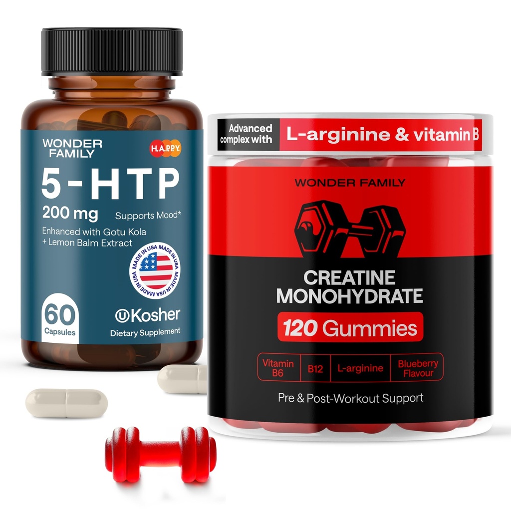 Better Fitness Bundle - 5-HTP Supplement for Energy, Creatine Monohydrate Gummies 5g for Muscle & Strength - 120 Creatine Chewables, 60 5HTP 200mg Capsules