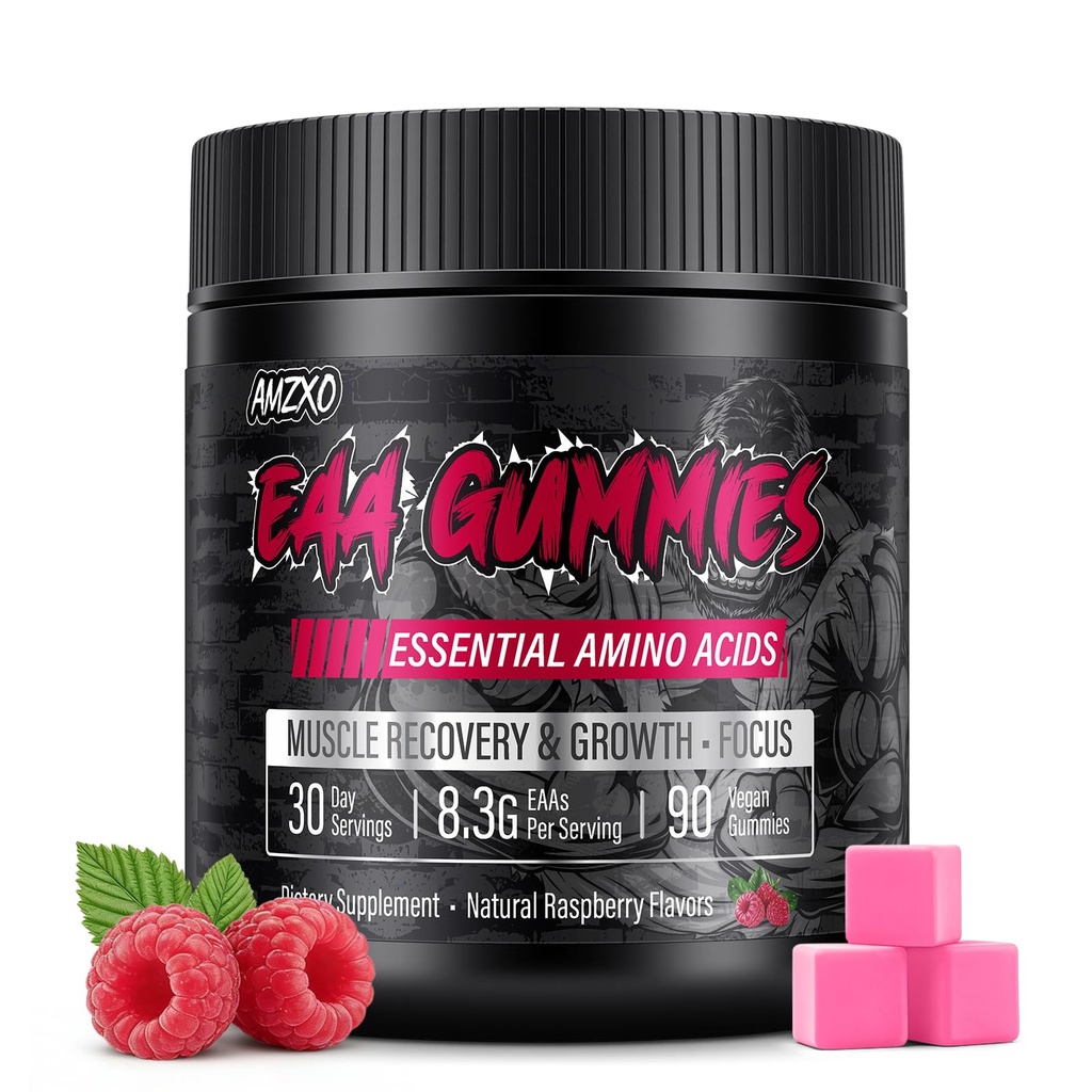 EAA Gummies - 2: 1: 1 BCAA Formel (8300mg) - Essentielle Aminosyrer til Muscle Recovery & Endurance - Non- GMO, Gluten Free, Sugar Free, Vegetar, Raspberry Flavor - 90 Greve