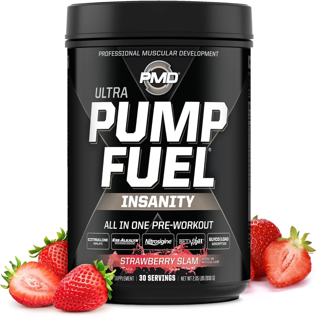PMD Sports Pump Fuel Ultra Insanitet - Premium Pre Workout Powder & Muscle Pump, Greater Focus, Endurance & Recovery, Premium Creatin, Arginin & Beta Alanine - Strawberry Slam (30 Servere)