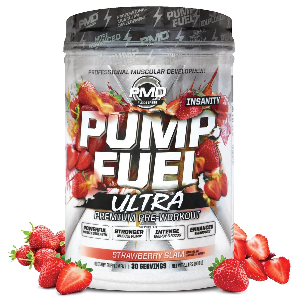 PMD Sports Pump Fuel Ultra Insanitet - Premium Pre Workout Powder & Muscle Pump, Greater Focus, Endurance & Recovery, Premium Creatin, Arginin & Beta Alanine - Strawberry Slam (30 Servere)
