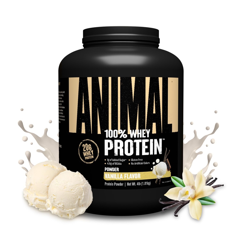 Animal 100% Whey Protein Powder - Whey Blend for Pre Workout eller Post Workout, Inddrivelse, eller en Anytime Low Sugar Protein Boost Meal udskiftning med BCAA forgrenet kæde Aminosyrer - Vanilla, 4 LB