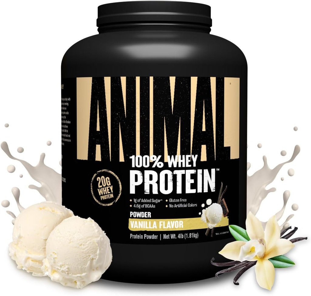 Animal 100% Whey Protein Powder - Whey Blend for Pre Workout eller Post Workout, Recovery, eller en Anytime Low Sugar Protein Boost Meal udskiftning med BCAA forgrenet kæde Aminosyrer - Vanilla, 4 LB