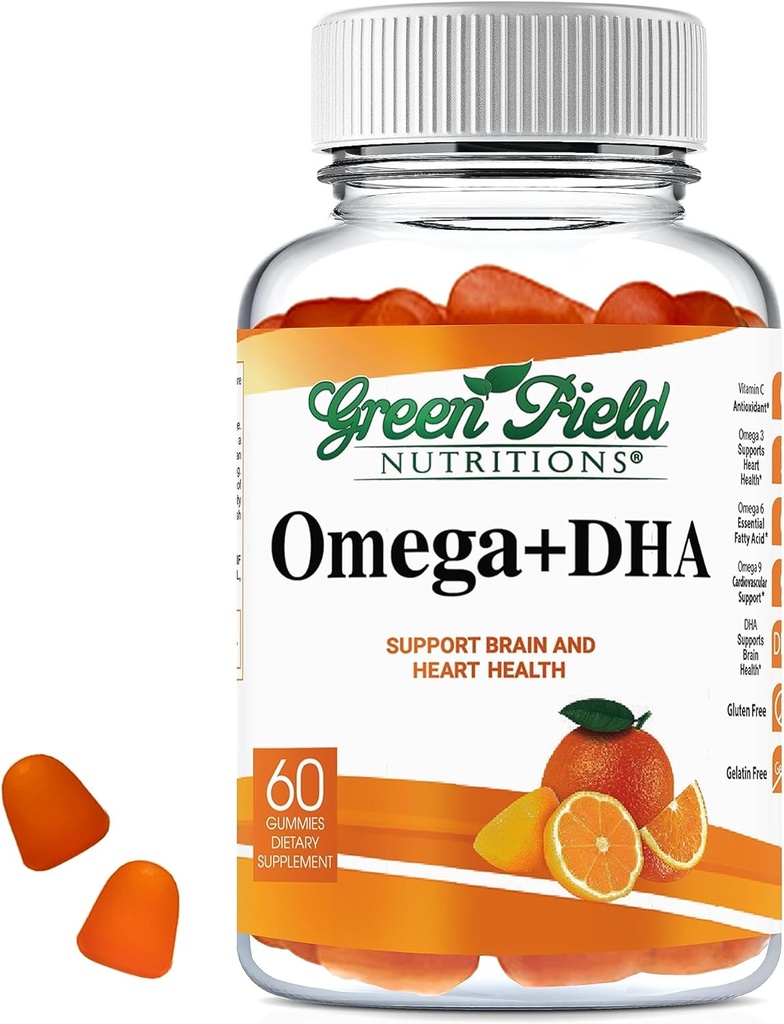 Greenfield Nutritions Halal Omega 3 Chewable Gummies med DHA for voksne - 60 Gummy Halal Vitamin, understøtter hjerne, hjerte og immunsystem - Vegan, non-GMO Gluten- Free Gelatin- Free Halal Vitamin