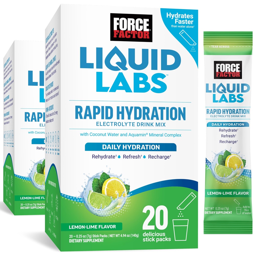 Force Factor Liquid Labs Electrolytes Powder Packets—Lemon Lime—Hydration Packets to Make Electrolyte Water with 5 Essential Electrolytes, Vitamins, Minerals, and Antioxidants, 40 Stick Packs, 2-Pack