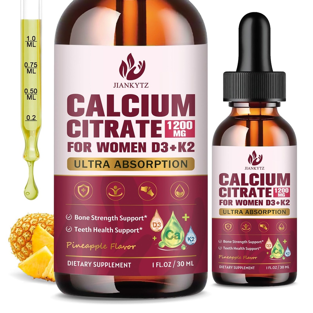 (2 Pack) Calcium Citrate with Vitamin D3 Liquid Drops for Women - Bones, Teeth, Immune Support, 1200mg Calcium Citrate Liquid Drops with Vitamin D3 K2, Vegan, Sugar-Free, 1 Fl Oz