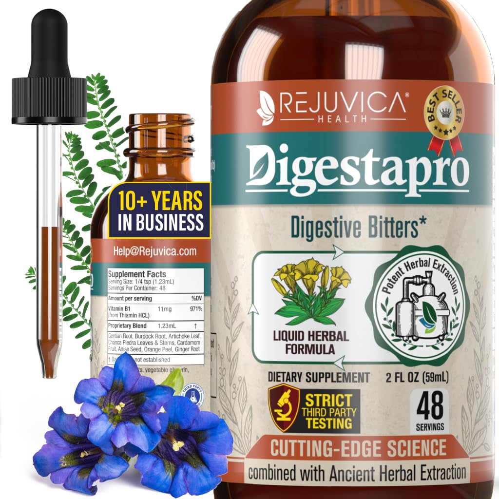 Rejuvica Health DigestaPro - Avanceret fordøjelsesbitters supplement - Flydende levering til bedre absorption - Gentian, Artiskoke, Burdock, Chanca Piedra, Ginger & mere!